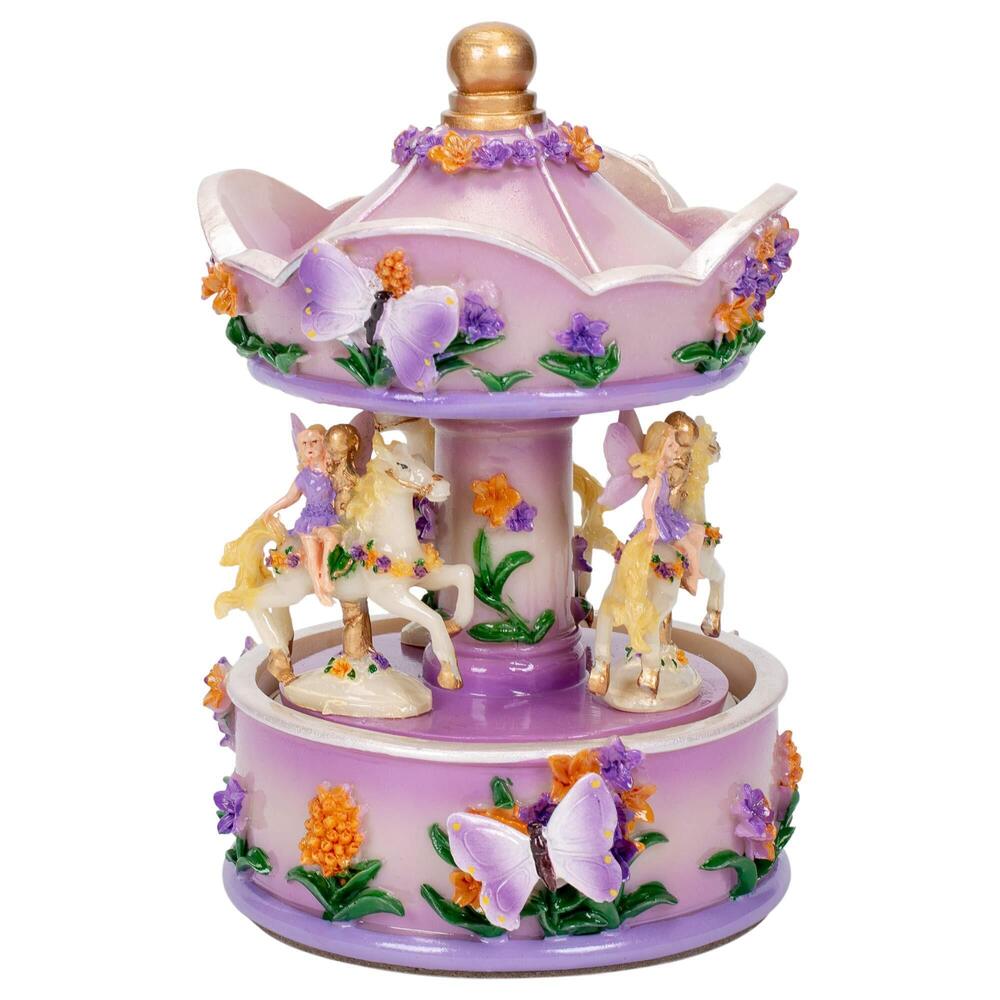 3870 Purple Floral Fairy Musical Carousel 6 inch Rotating Figurine Plays